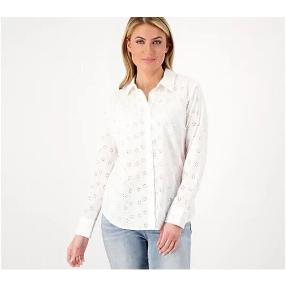 Candace Cameron Bure Petite Button-Front Eyelet Shirt New Day White Pet 4X - Picture 1 of 1